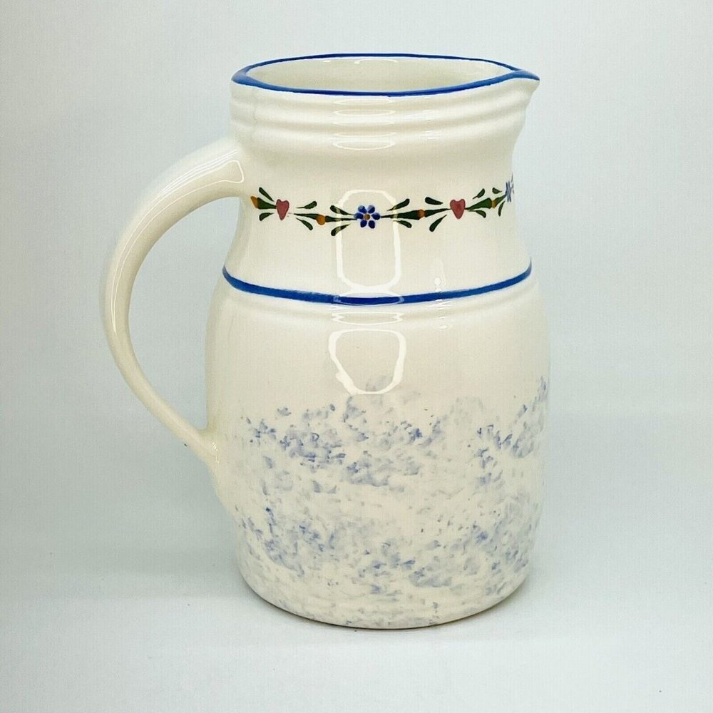 Jo-Chen Blue White Pottery Pitcher Hand Painted Blue Trim Red Hearts USA - Picture 9 of 10